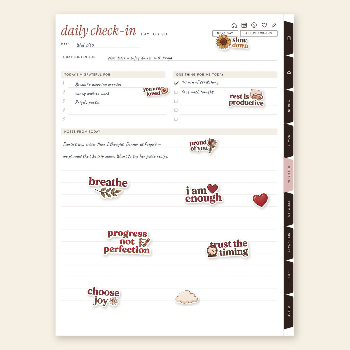 Close-up of Little Affirmations digital stickers on a planner page