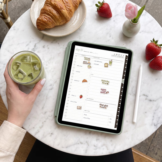 Matcha Morning digital stickers in a planner on an iPad
