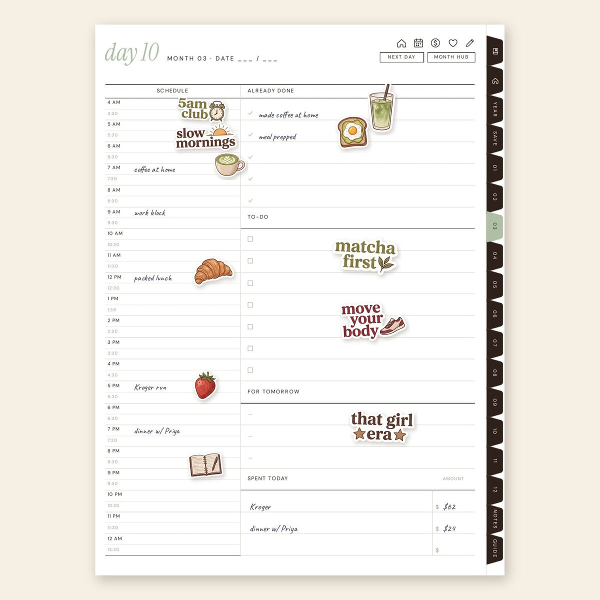 Close-up of Matcha Morning digital stickers on a planner page