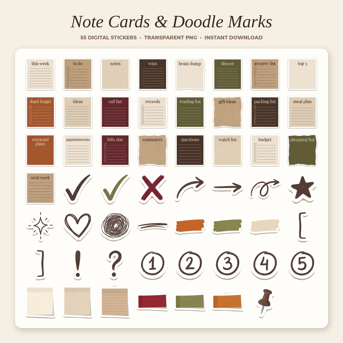 Note Cards & Doodle Marks digital sticker sheet preview