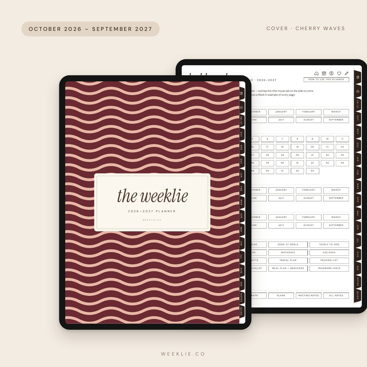 The 2026–2027 Weeklie Planner with the Cherry Waves cover
