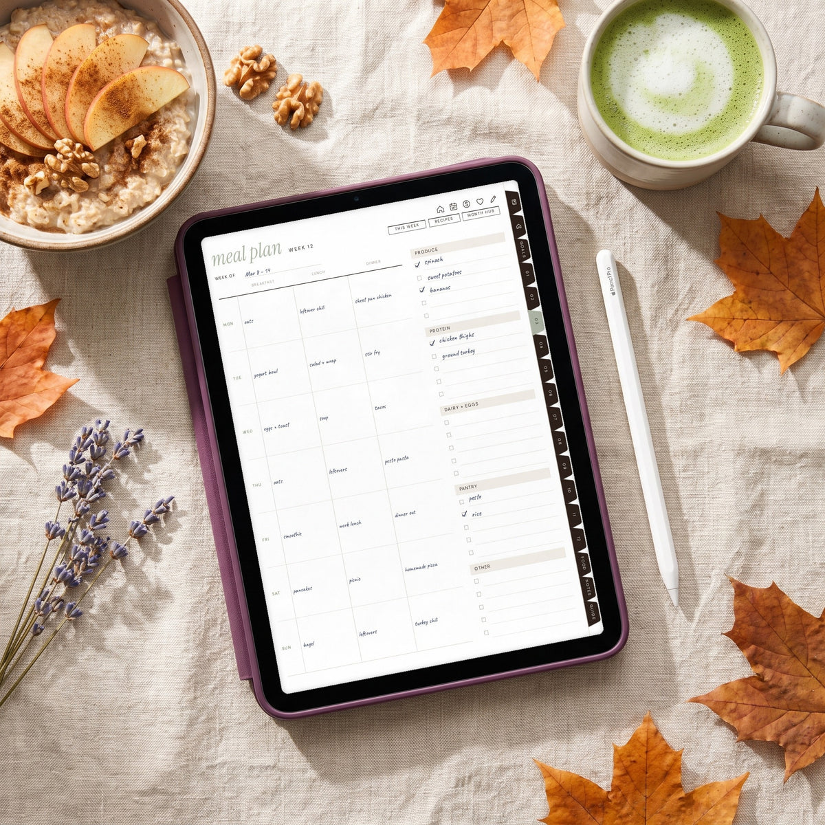 Weekly meal plan page on an iPad in a plum case with oatmeal and matcha