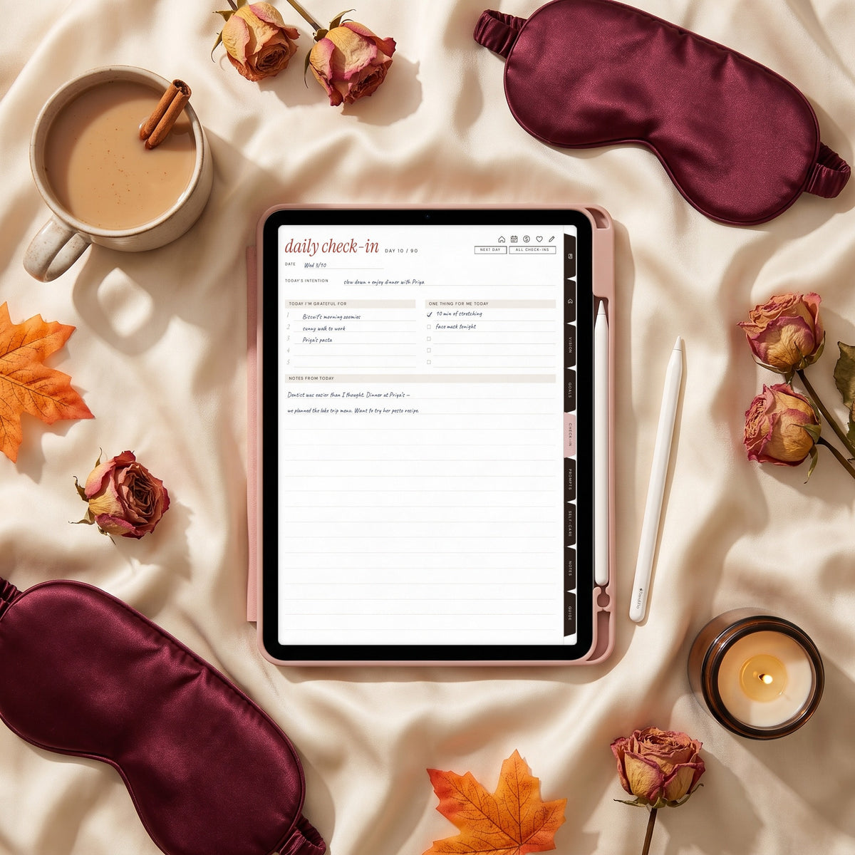 Daily check-in page of the Glow Up journal on an iPad in a blush case