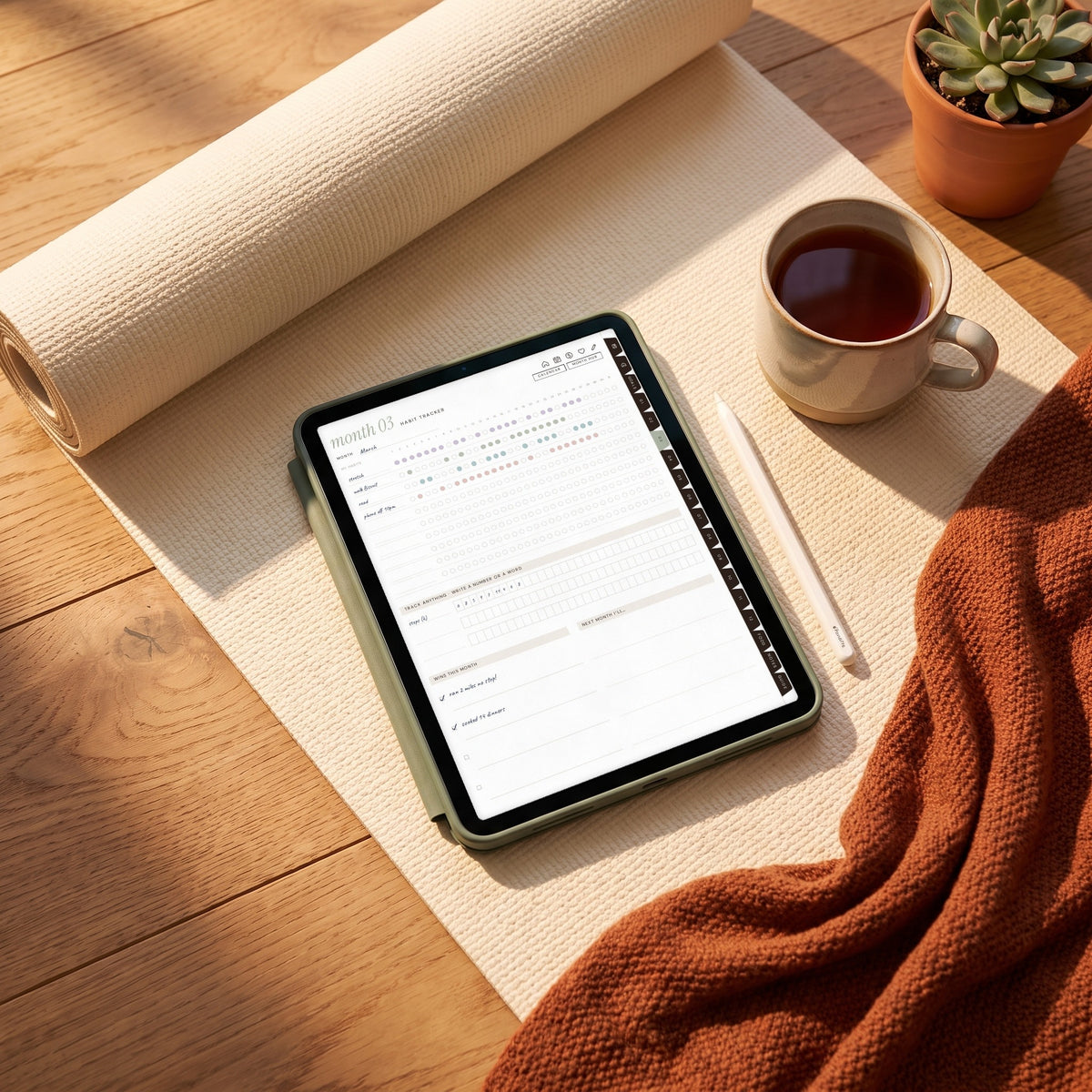 Habits page of the Wellness Era planner on an iPad on a yoga mat