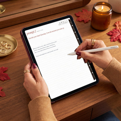 Writing a journal prompt in the Glow Up journal on an iPad