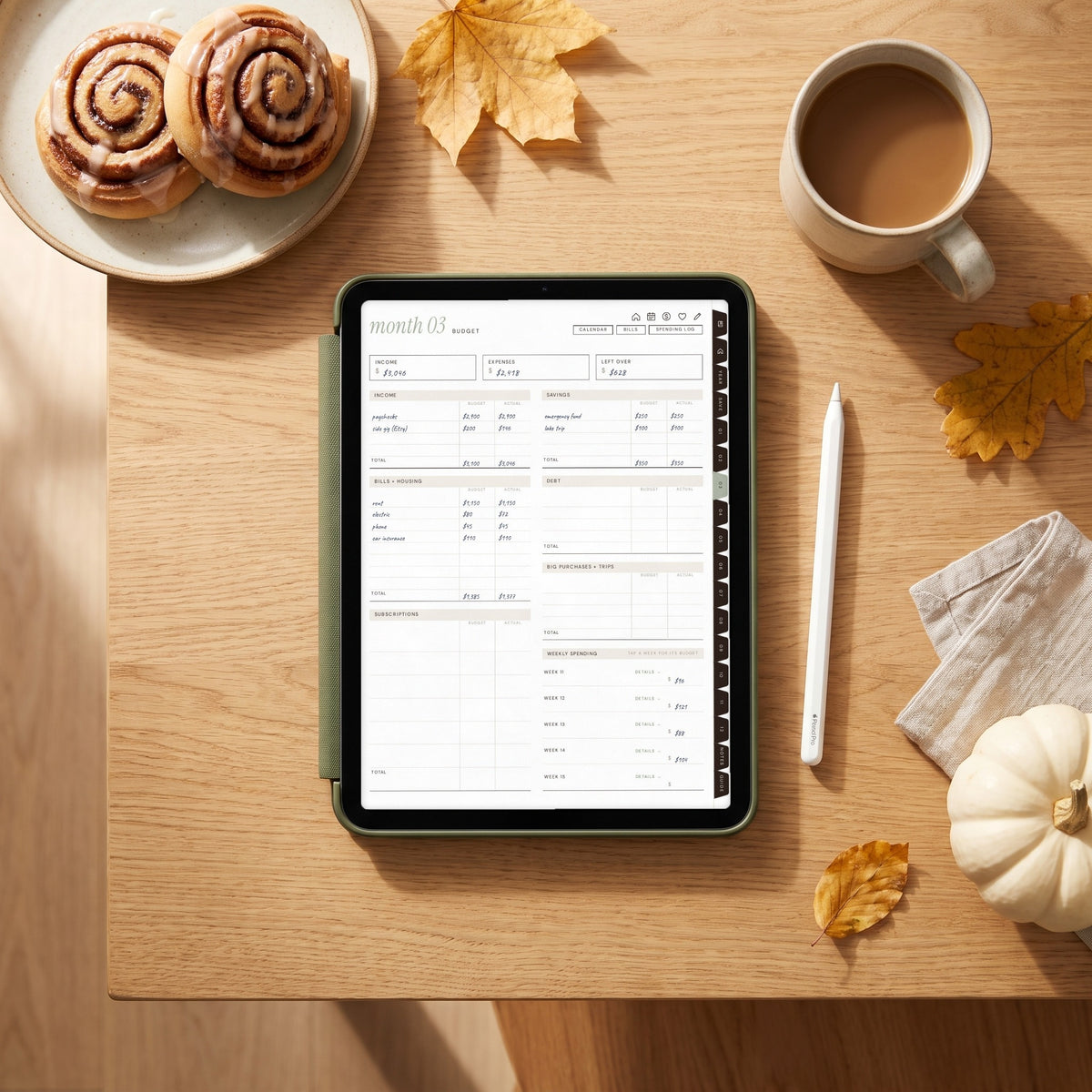 Monthly budget page on an iPad in an olive case with cinnamon rolls