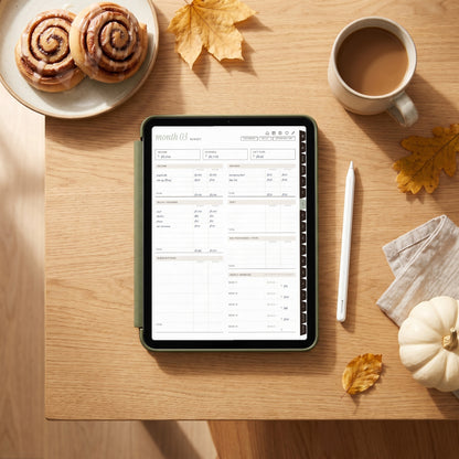 Monthly budget page on an iPad in an olive case with cinnamon rolls