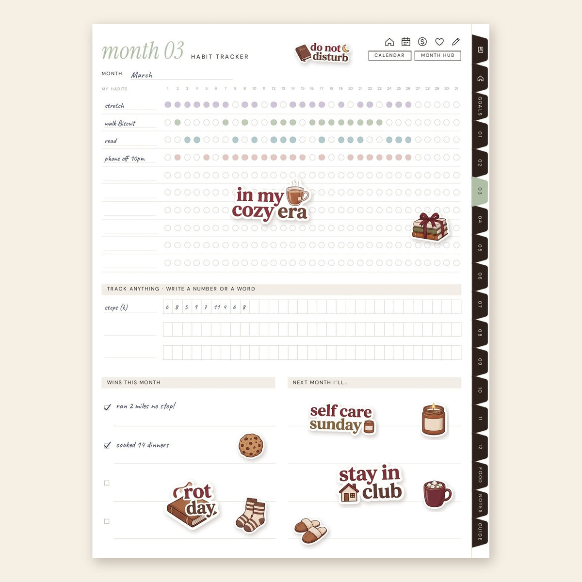 Close-up of Cozy Girl Era digital stickers on a planner page