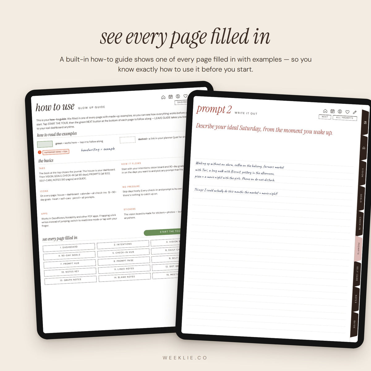 The Glow-Up Journal built-in how-to guide