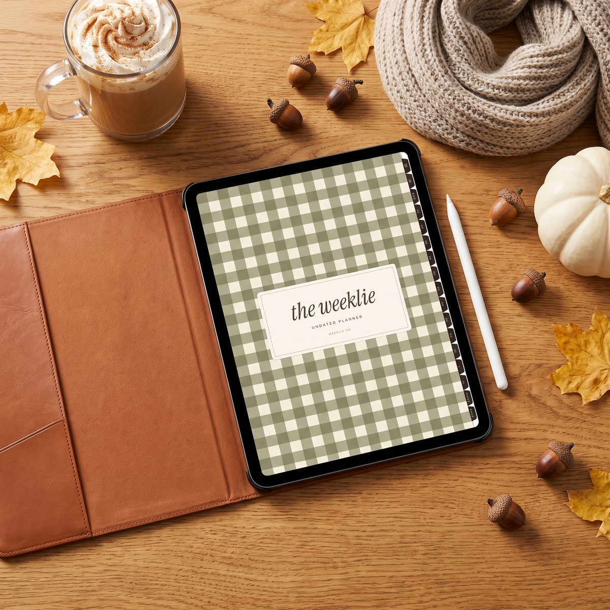 Undated digital planner olive gingham cover on an iPad in a leather case with a latte