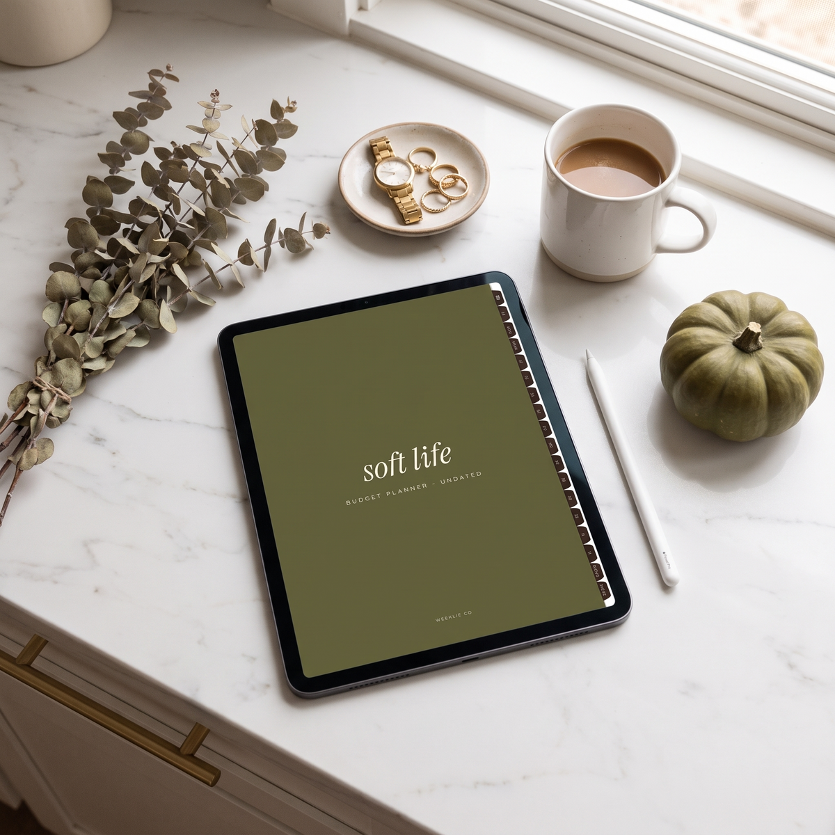Soft Life budget planner olive cover on an iPad on a marble counter with coffee