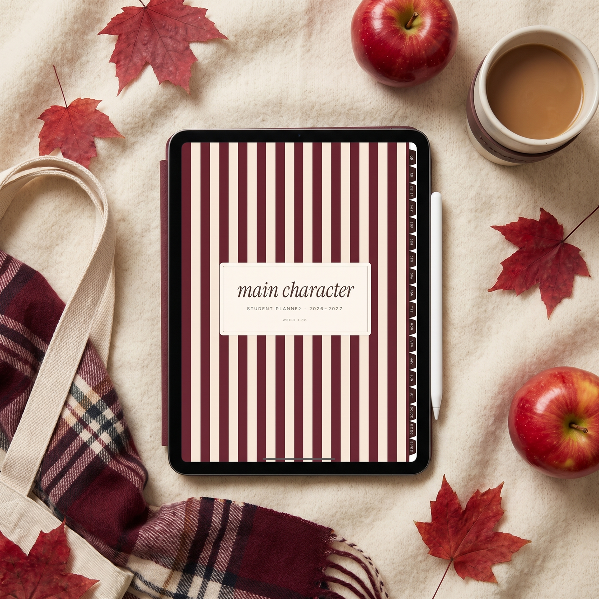 Main Character student planner cover on an iPad in a burgundy case with an apple and coffee
