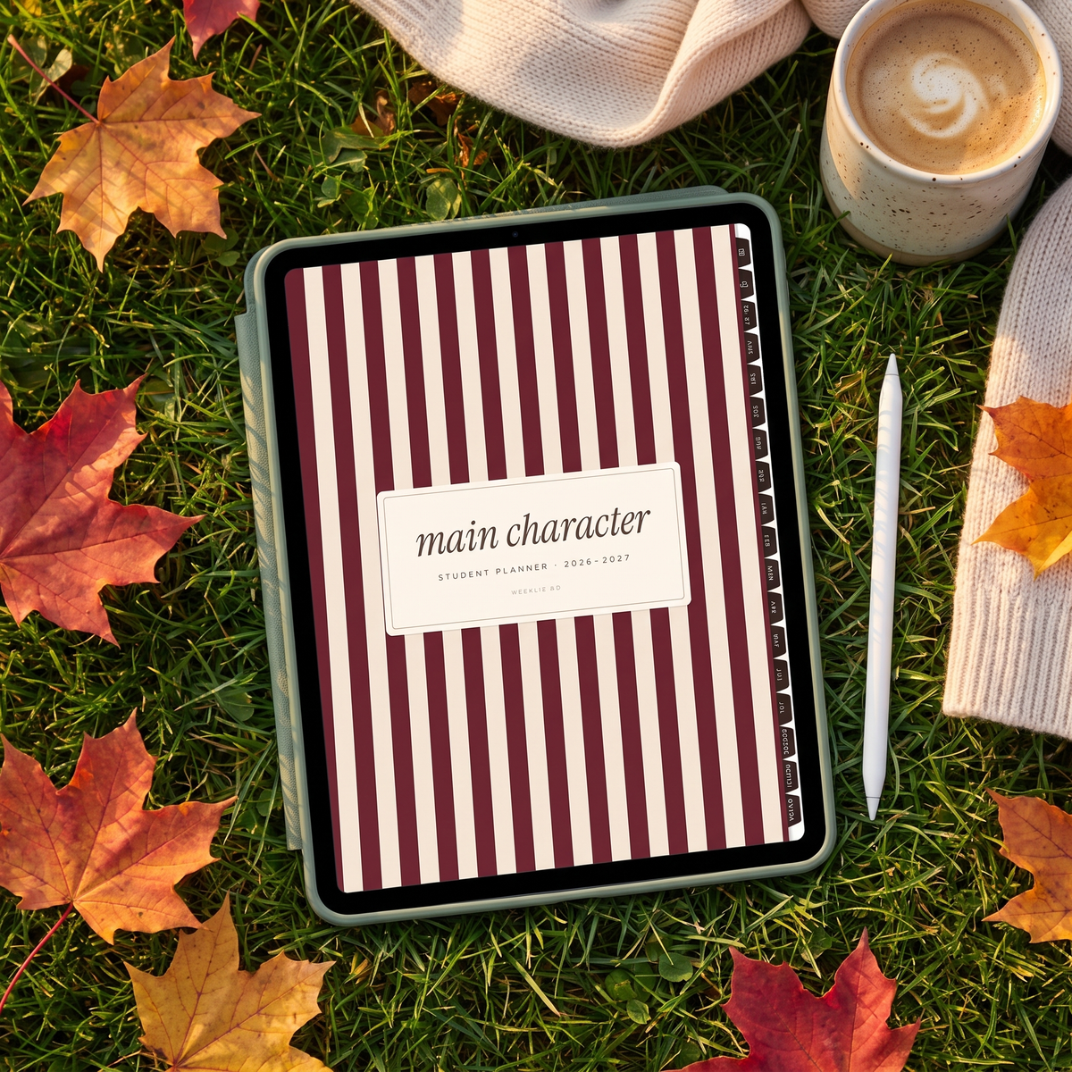 Main Character student planner cherry stripe cover on an iPad on the grass with fall leaves