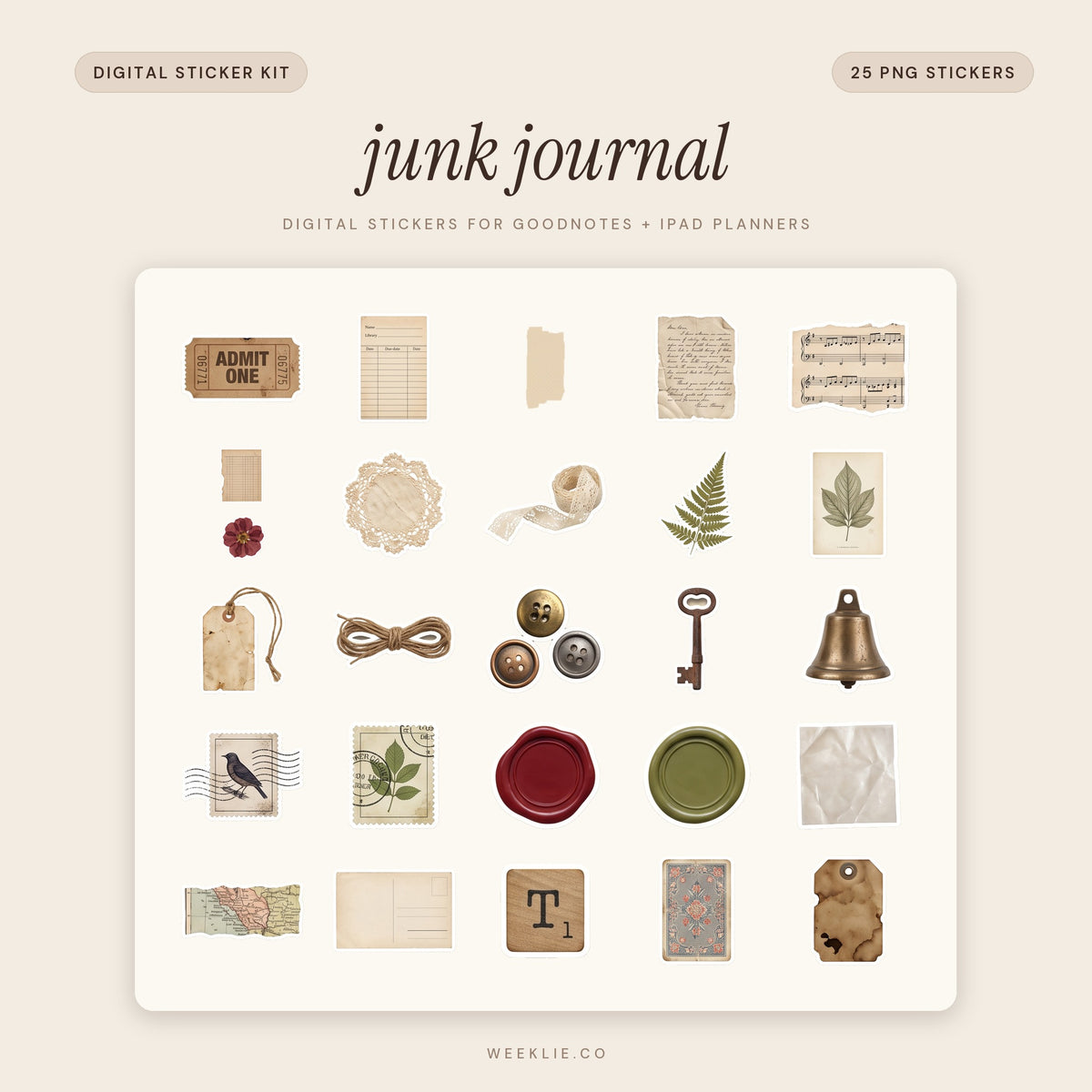 Junk Journal digital sticker pack cover for GoodNotes and iPad planners
