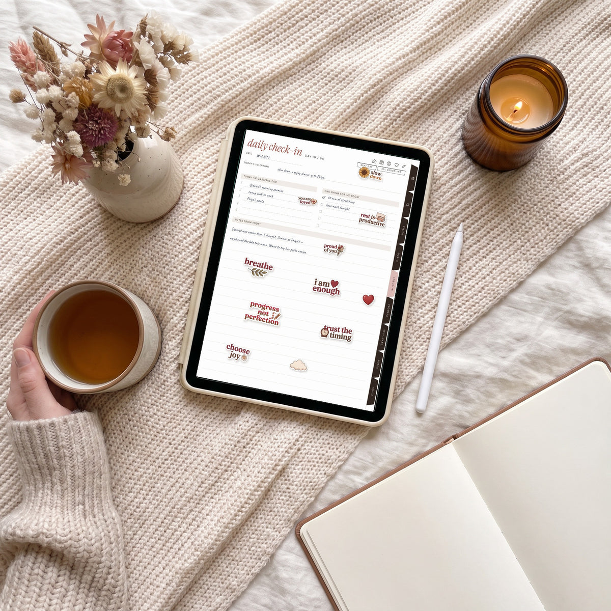 Little Affirmations digital stickers in a planner on an iPad