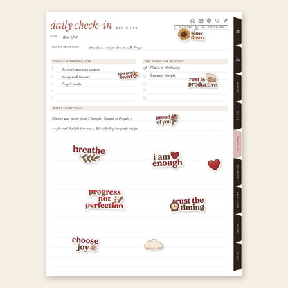 Close-up of Little Affirmations digital stickers on a planner page