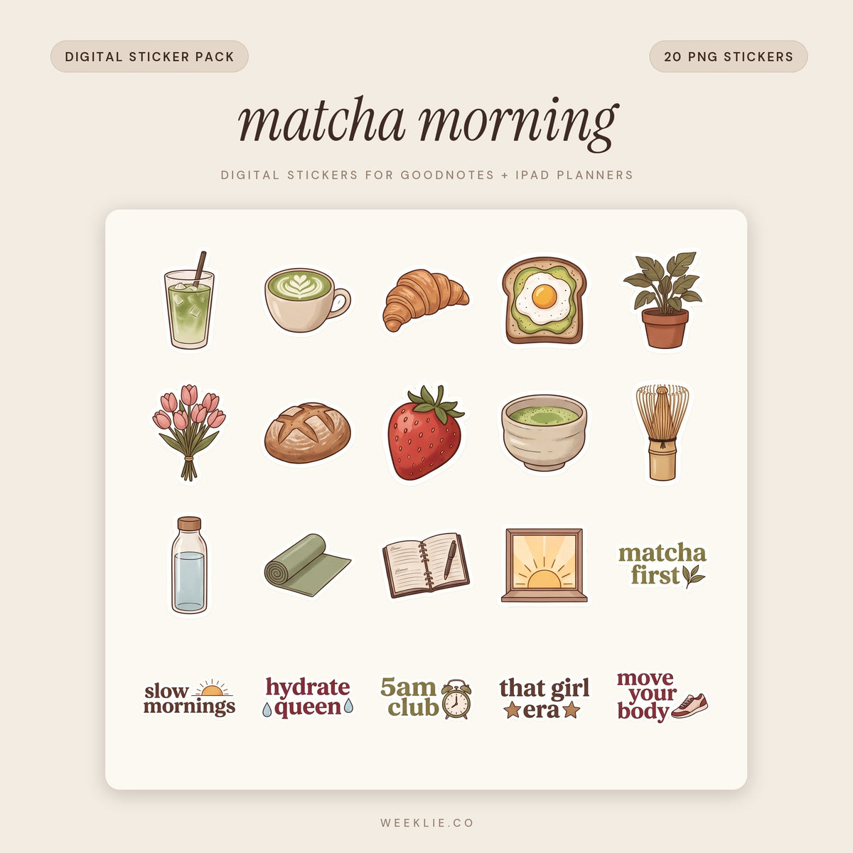 Matcha Morning digital sticker pack cover for GoodNotes and iPad planners