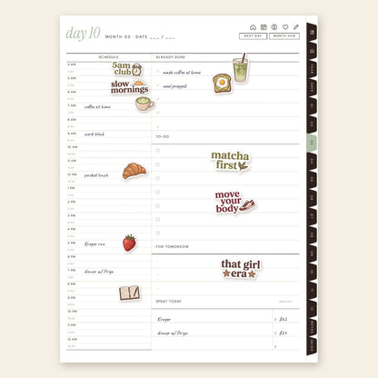 Close-up of Matcha Morning digital stickers on a planner page