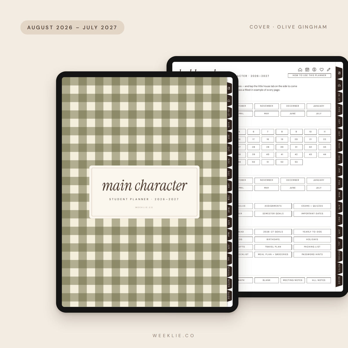 Main Character Student Planner 2026–2027 with the Olive Gingham cover