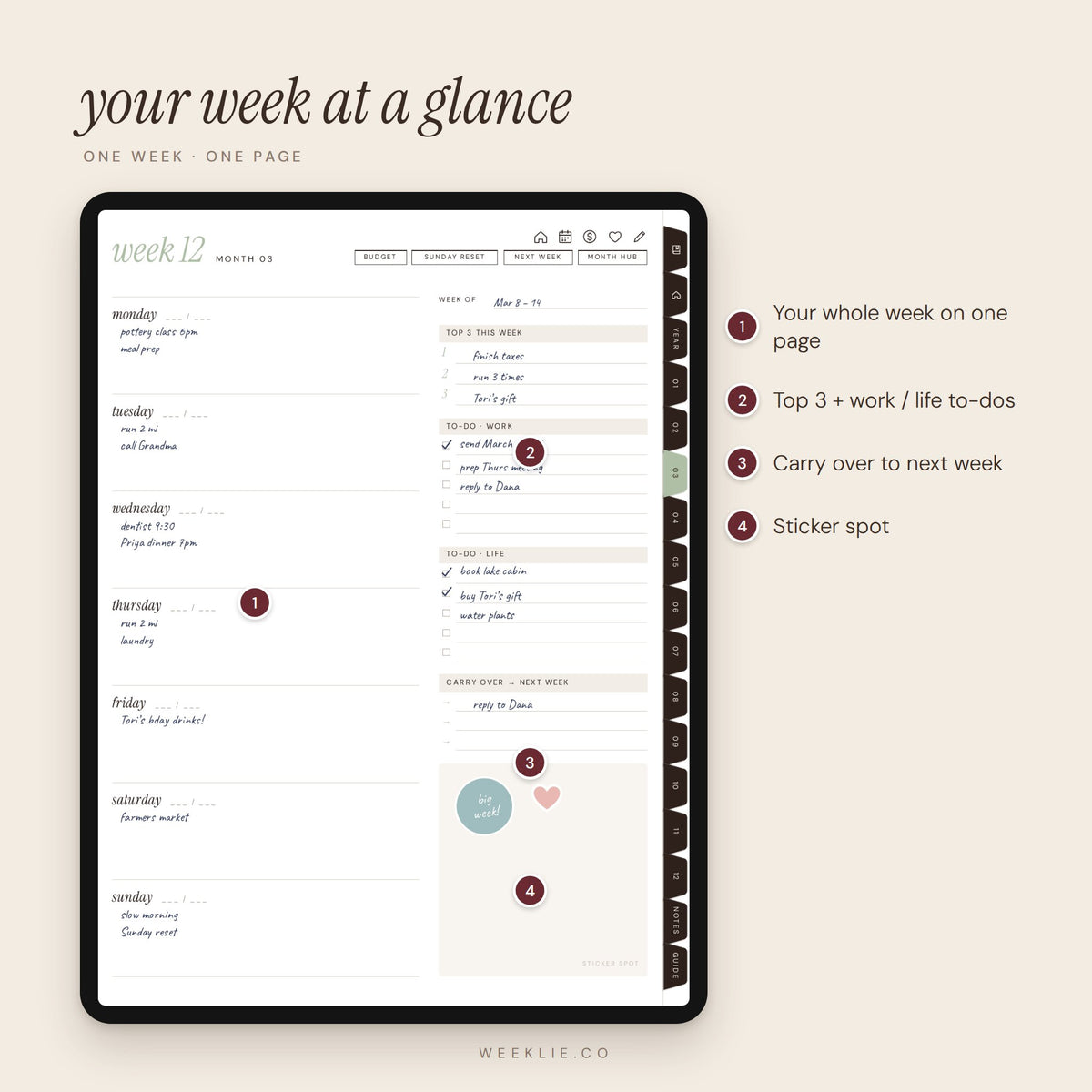 The Undated Weeklie Planner weekly pages