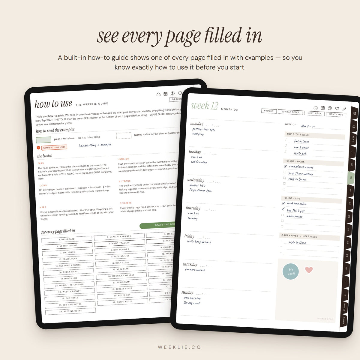 The Undated Weeklie Planner built-in how-to guide