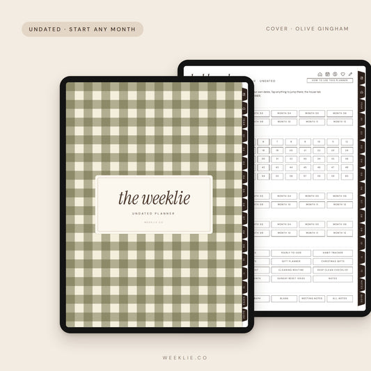The Undated Weeklie Planner with the Olive Gingham cover