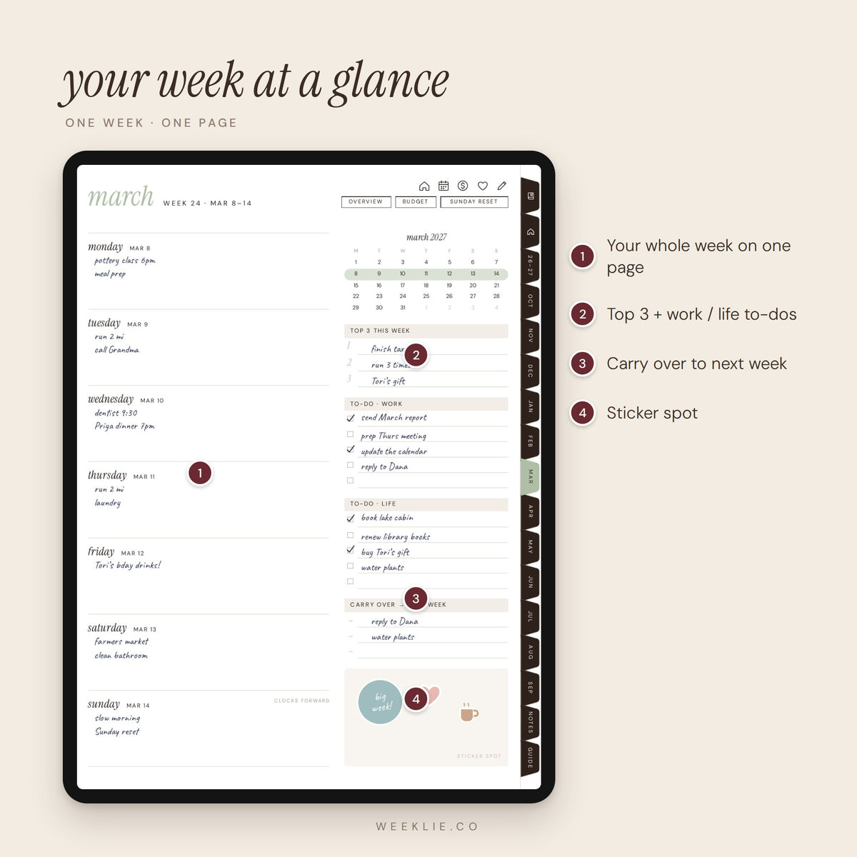 The 2026–2027 Weeklie Planner weekly pages