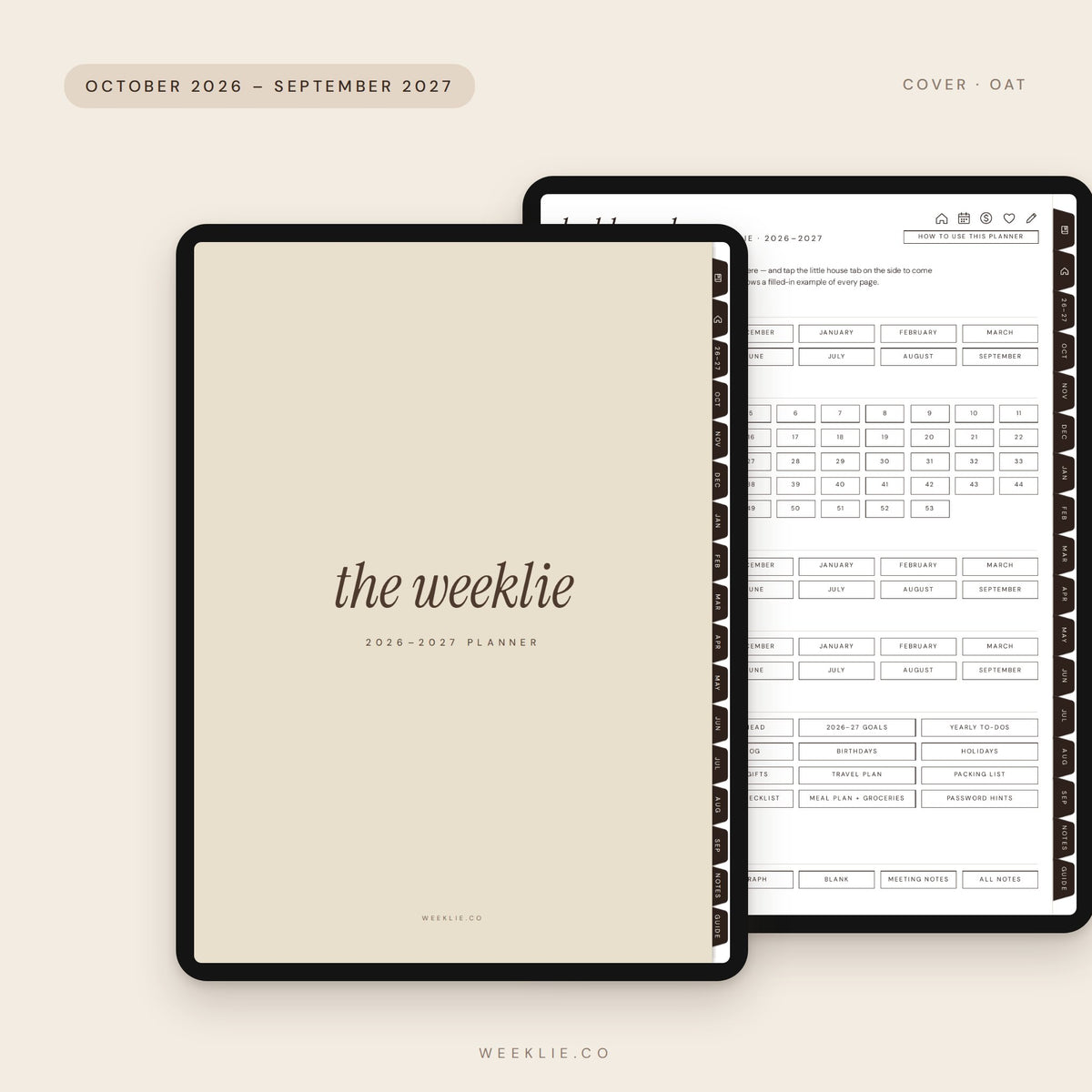 The 2026–2027 Weeklie Planner with the Oat cover