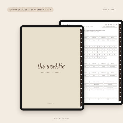 The 2026–2027 Weeklie Planner with the Oat cover