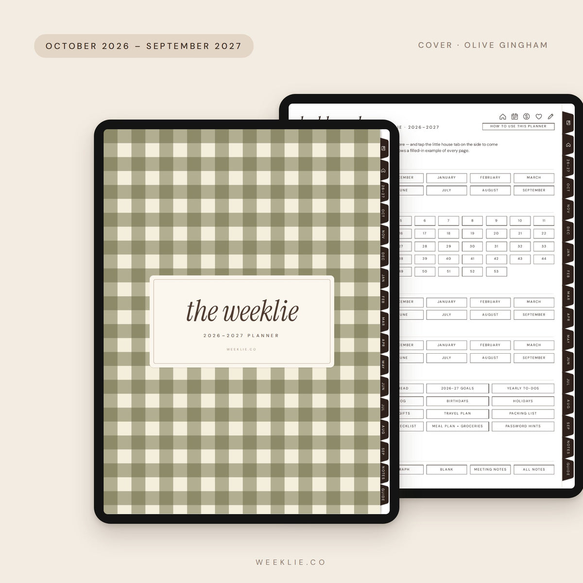 The 2026–2027 Weeklie Planner with the Olive Gingham cover