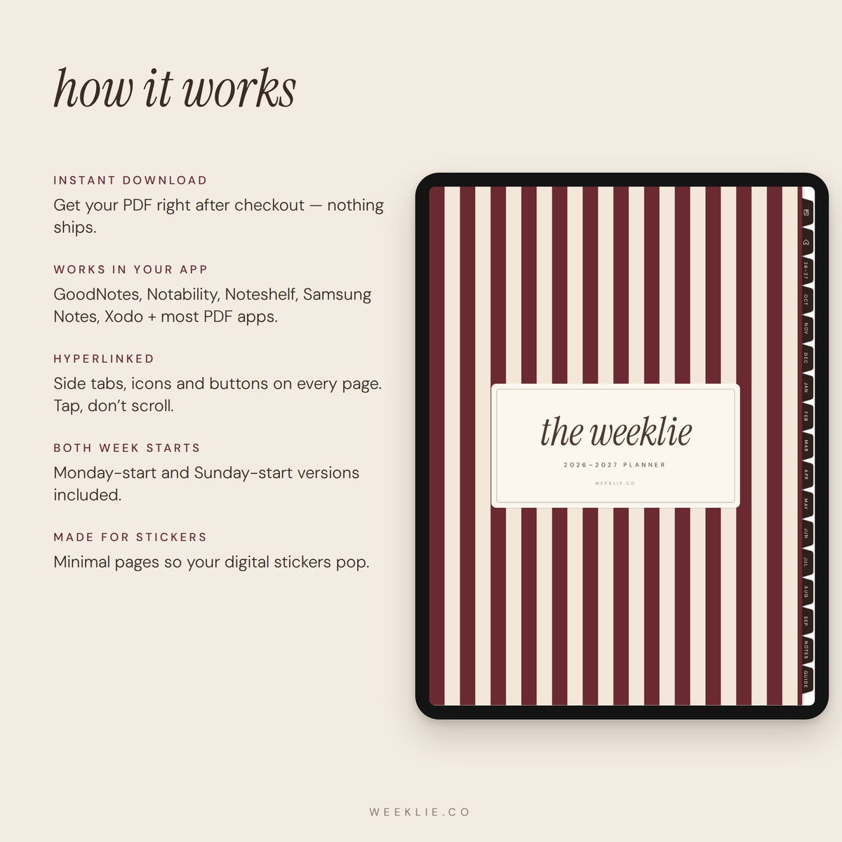 How The 2026–2027 Weeklie Planner works in GoodNotes and other apps