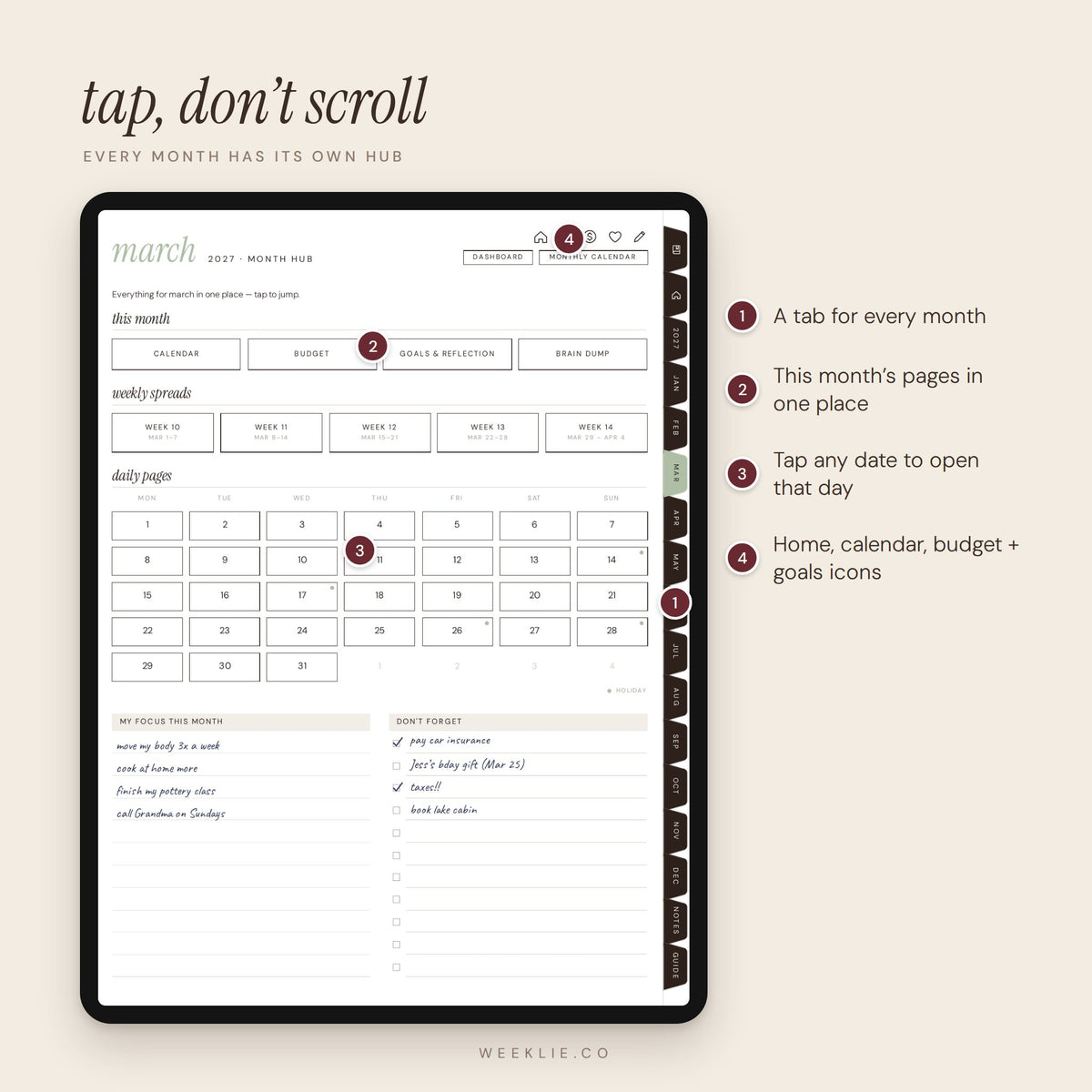The 2027 Weeklie Planner hyperlinked pages