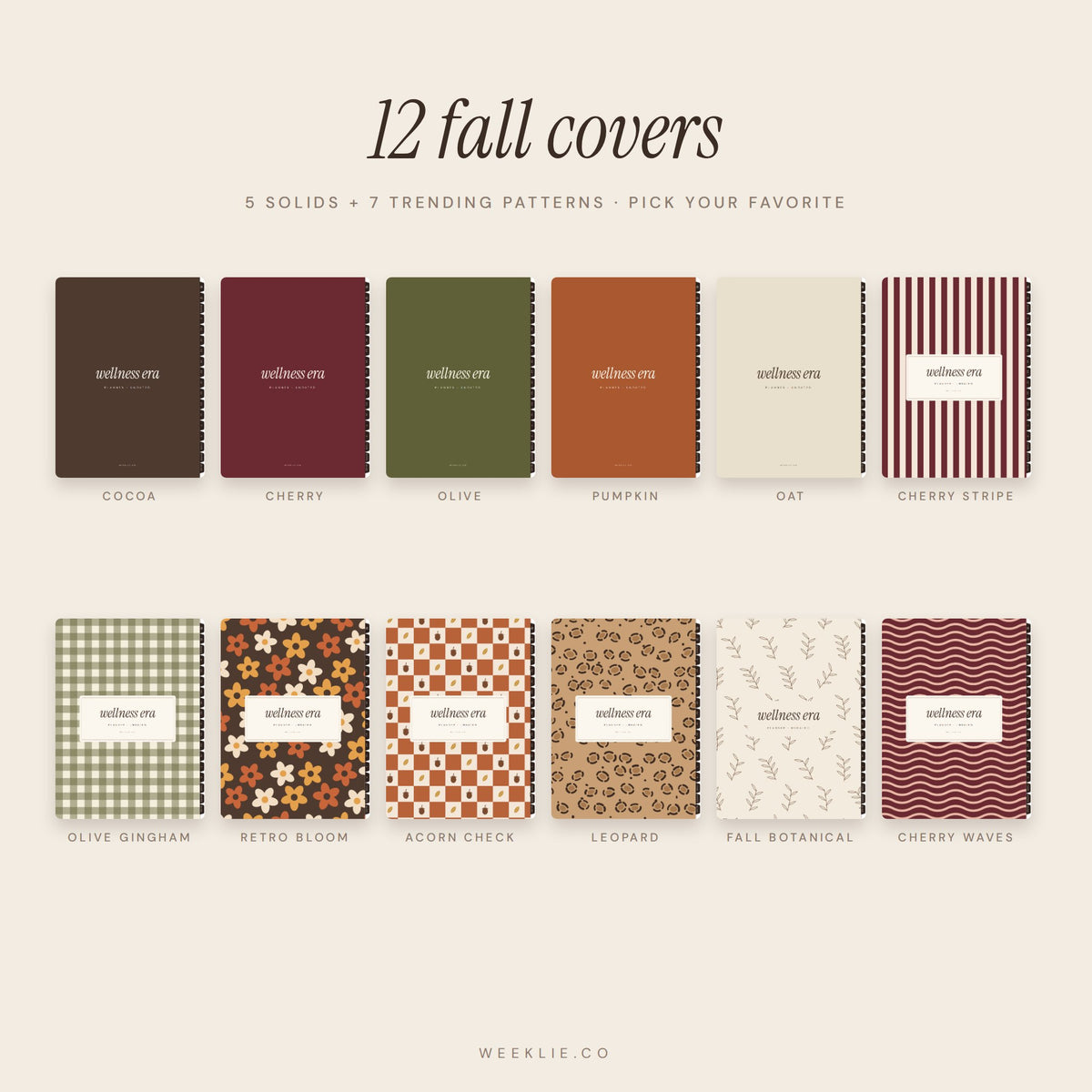 Wellness Era Planner: 12 fall covers, 5 solids and 7 patterns